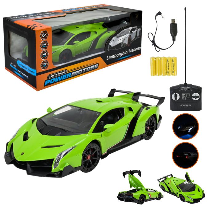 Машина р/к арт. PM1406 GREEN (12шт),"POWERMOTORS",1:14 LAMBORGHINI VENENO,зелений колiр, акум., світло, відкр.дверіу кор.45*19,5*17см.