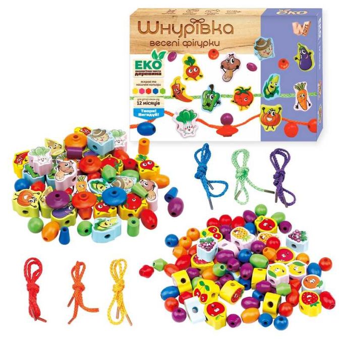 Шнурівка дерев`яна 63732 (30) "WToys", намистинки, фігурки, в коробці