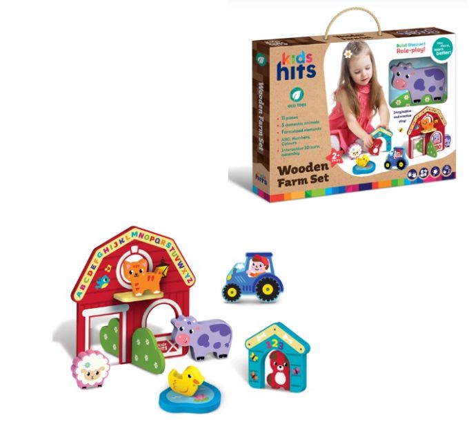 Дерев'яна іграшка Kids hits арт. KH20/008 (9шт) набір блоків Ферма, 11 дет. кор. 34х25, 5х3, 3 см