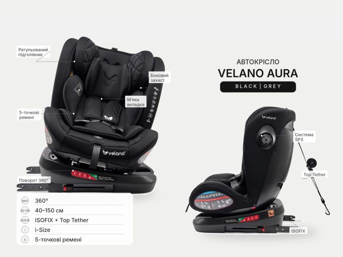 Автокрісло VELANO Aura 360° i-Size 40–150 см, ISOFIX, black